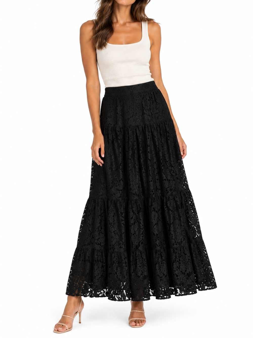 Adore Me Black Lace Tiered Maxi Skirt NWT